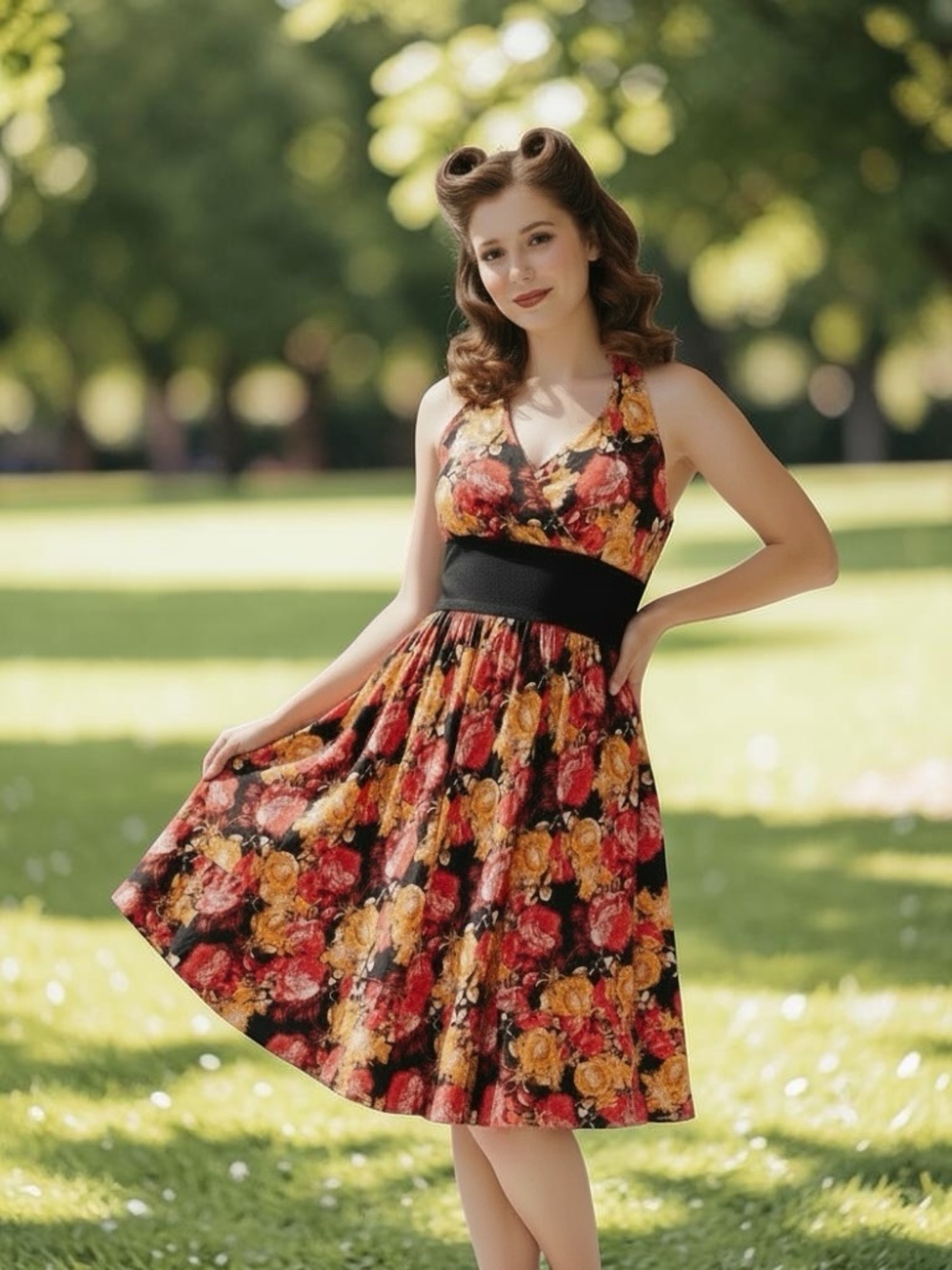 Lindy Bop Fit & Flare Halter Dress Retro Autumn Floral Print Midi, Size Small, E